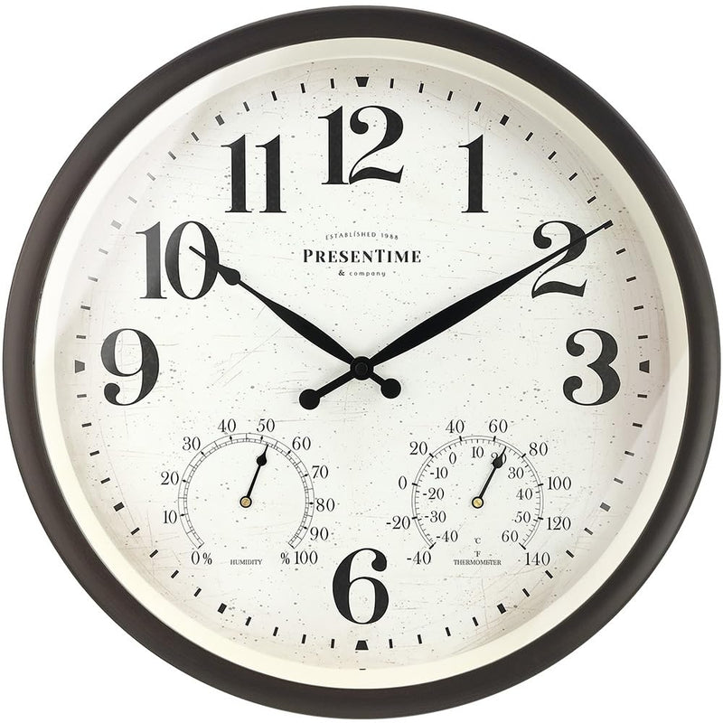 Presentime & Co 16" Farmhouse in/Outdoor Clock, Wall Clock & Weather Station, Weather Thermometer, Wall Décor and Timepiece for Farmhouse Decoration, Oil Rubbed Bronze Finish