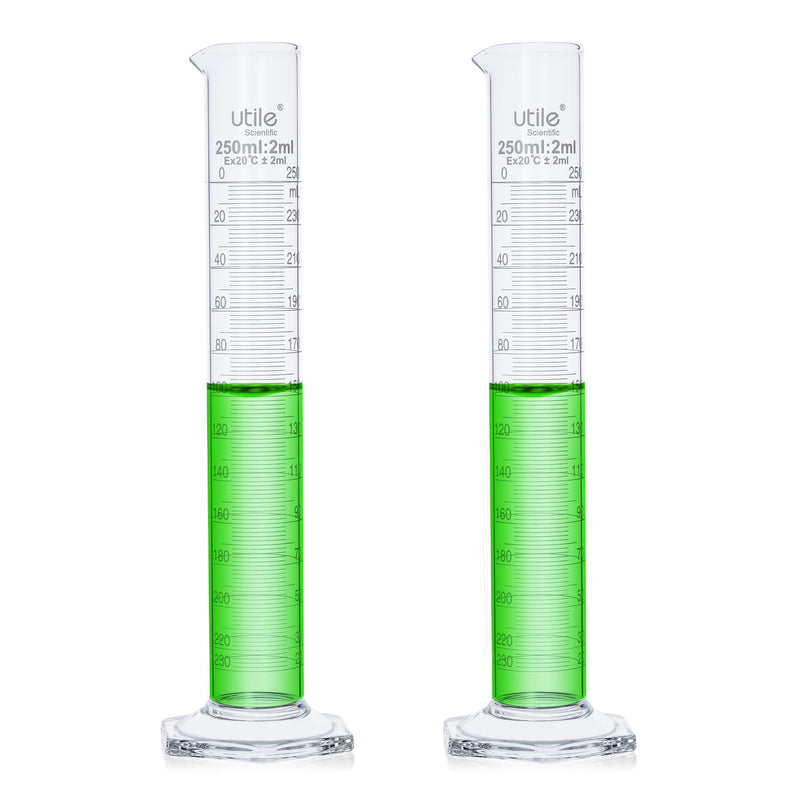 Utile 2 PCS Glass Graduated Cylinder Set 250ml, 3.3 Borosilicate Glass Cylinder with Glass hex Base,Lab Cylinders Glass Measuring Cylinder, 4202.0250.2 2pcs of 250ml