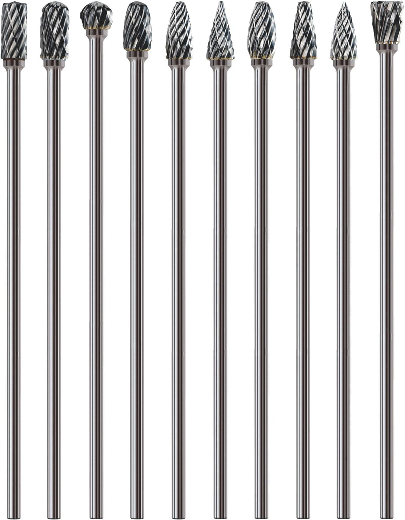 10 Pcs 1/8" Long Shaft Tungsten Carbide Burrs Set Kit Bits 4.5" Long Shank Compatible w/Dremel Cut Port Cast Iron Steel Aluminum Cylinder Head Engine Intake Exhaust Manifold Tight Hard-to-Reach Area