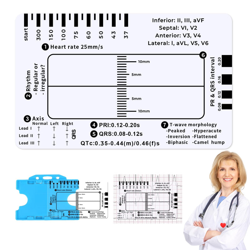ECG Ruler, ECG 7 Step Ruler, ECG 7 Step Ruler for ECG/EKG Interpretation, Transparent EKG Calipers Measuring Tool, Follow a 7 Step Plan, Portable ECG Assessment Tool EKG Card