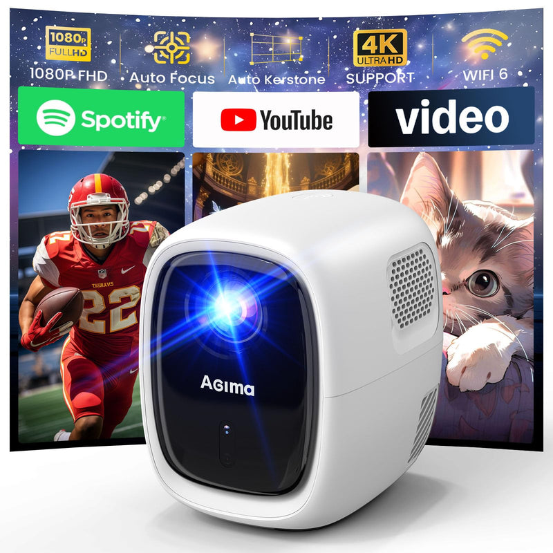 [AI Auto Focus/Built in apps] Mini Projector with WiFi 6 and Bluetooth 5.2 Auto Correction 1080P 4K Support & Android TV OS, Built in High-end speakers, Portable Projector Home Outdoor, White
