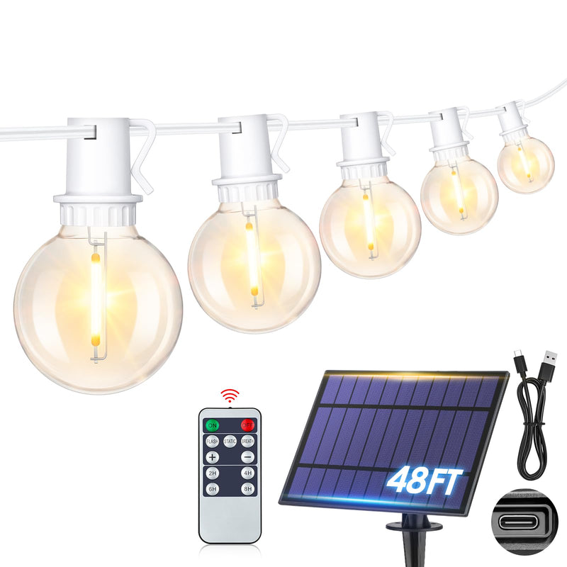 Mlambert 48Ft Solar String Lights, Outdoor Waterproof Patio Lights with 18 Shatterproof G40 Bulbs(1 Spare), Led Light for Backyard-White Wire 1 White