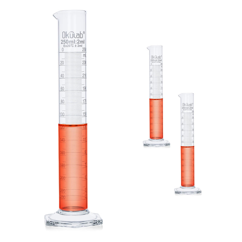 Graduated Cylinder, 2pcs of Vol.250ml, Borosilicate 3.3 Glass Cylinder, Lab Cylinders Glass Measuring Cylinder,MCG250A2 2 Pcs of 250ml