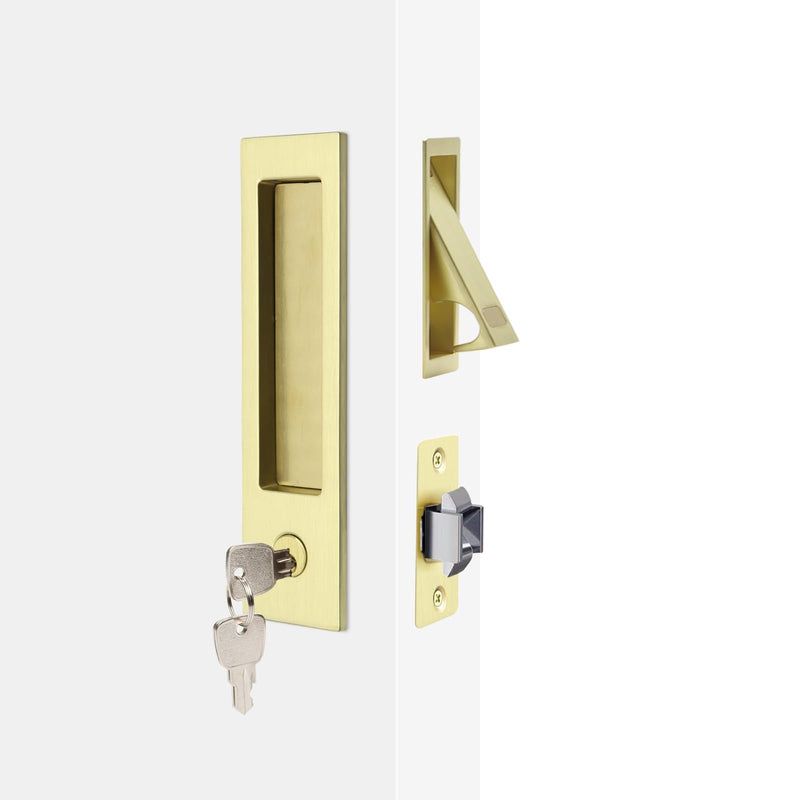 Dontay Pocket Door Handle with Lock and Edge Pull, Narrow Modern Rectangular Keyed Entry Function, Recessed Sliding Door Hardware for 1 3/8” to 2 3/16” Thickness Door (1, Satin Brass)