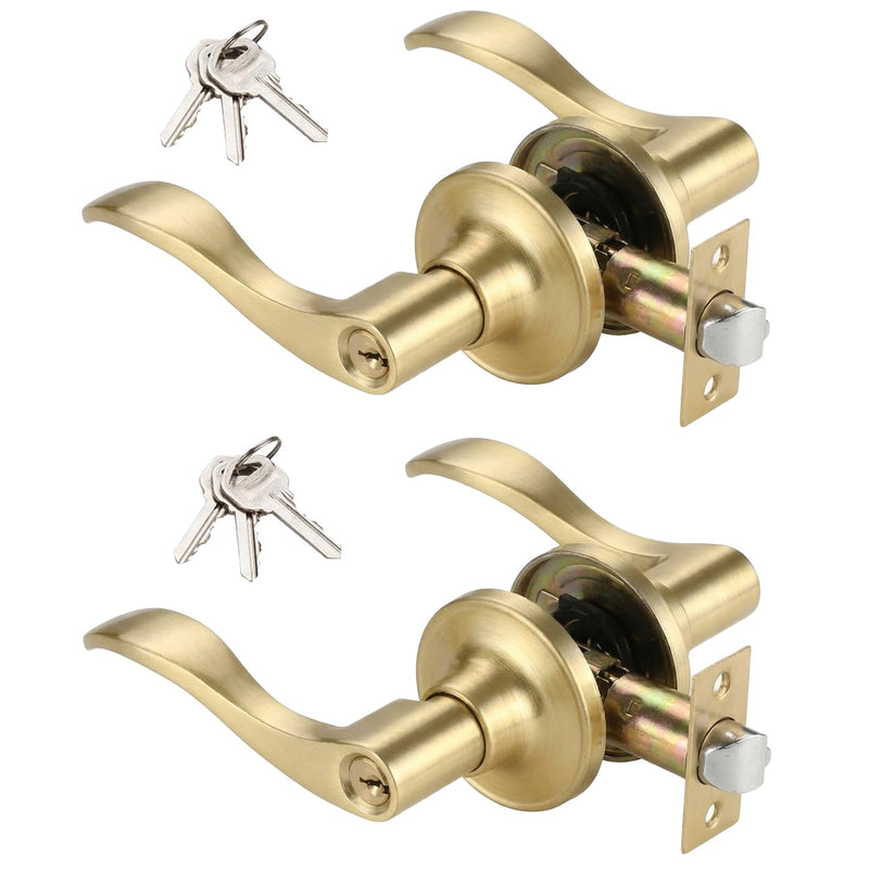 2 Pack of HENYIN Wave Lever Keyed Entry Door Lock/Door Knob Hardware Handle and Closet Lockset, Gold Color, with Key,Left Hand(805-G-L-2) 2 Pack ET(Left Hand)