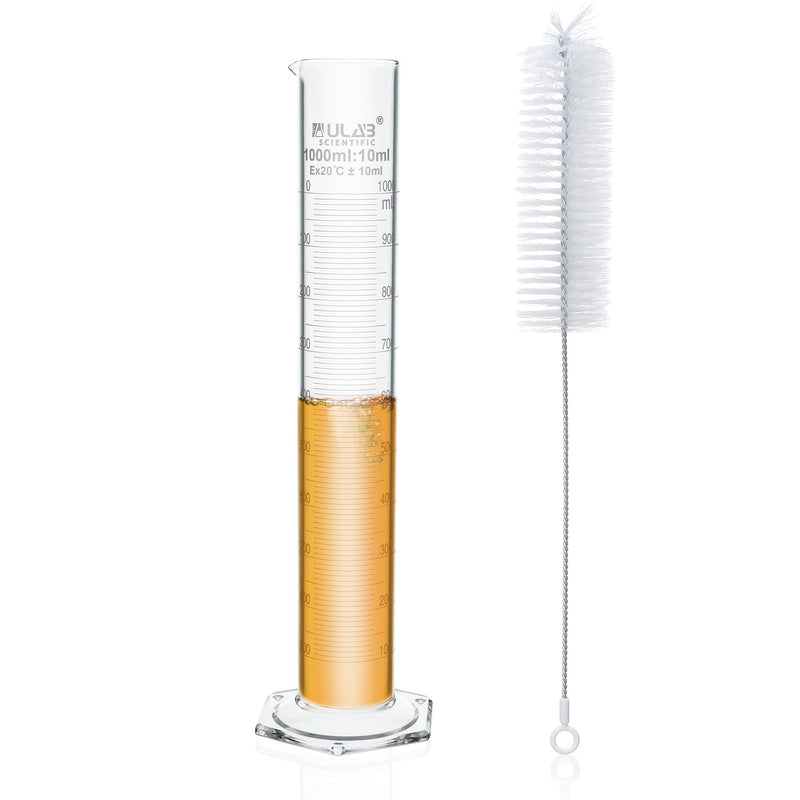 ULAB Measuring Cylinder Set with 1 PC Brush, Including 1PC 1000ml Cylinder, Hexagonal Base, 3.3 Boro Glass,with spout,Class B, UMC1014