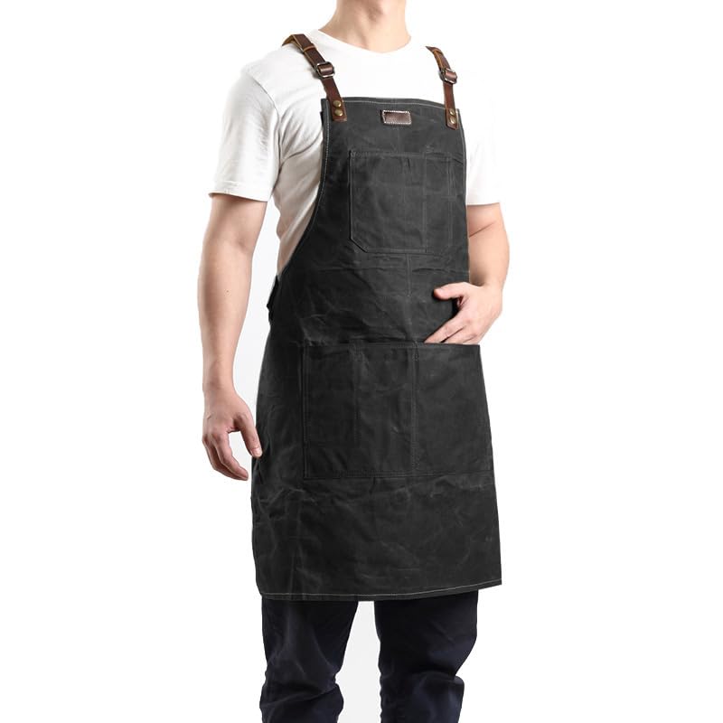 One Size Fits Utility Apron Adjustable Cross-Back Straps Multi-Use Portable Waxed Canvas Aprons With 5 Tool Pockets. Black