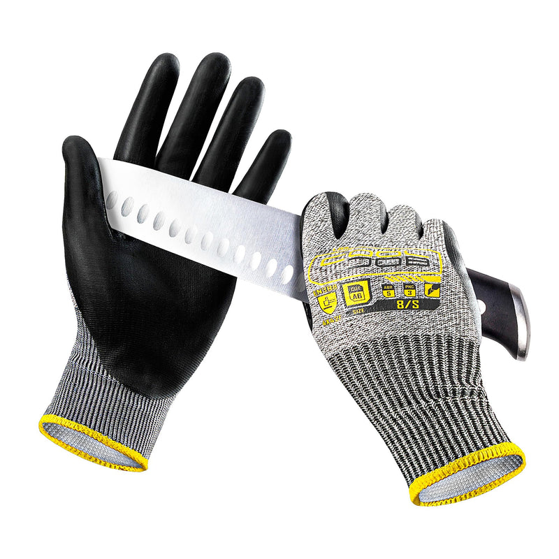 COOLJOB 12/120 Pairs Cut Resistant Safety Work Gloves with Grip, 13 Gauge Seamless Shell with PU Coating, ANSI A2 A4 A6, Gray Small (Pack of 12) Ansi A6 Cut Level