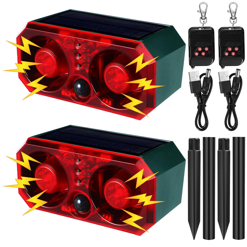 Qualirey 2 Pcs Solar Outdoor Motion Sensor Alarm with Stake Animal Deterrent Dog Barking Sensor 13 Sound 130db Loud Noise Maker 4 Mode with USB Remote Control Support Recording Volume Adjustment