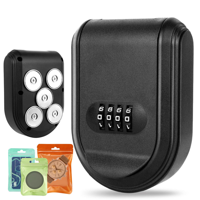 Magnetic Key Box with Combination Lock, 5 Strong Magnets, Black, Stores Spare Keys Indoors and Outdoors, Under Car Key Lock Box A-Black 1 Pcs