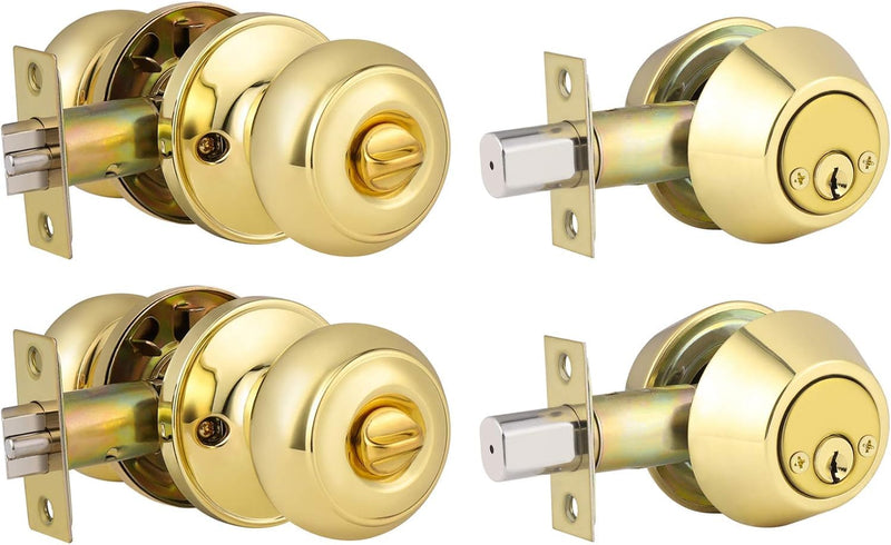 2 Pack Polished Brass Round Entry Door Knobs and Deadbolt Combination Set, Keyed Alike Double Cylinder Deadbolt Door Lock Set 2