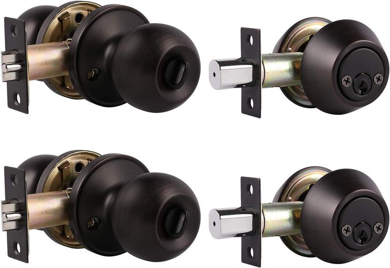 2 Pack Exterior Door Knob and Deadbolt Set, Oil Rubbed Bronze Entry Door Lock Sets with Double Cylinder Deadbolt, Security Round Style Entry Door Knobs Deadbolt 2