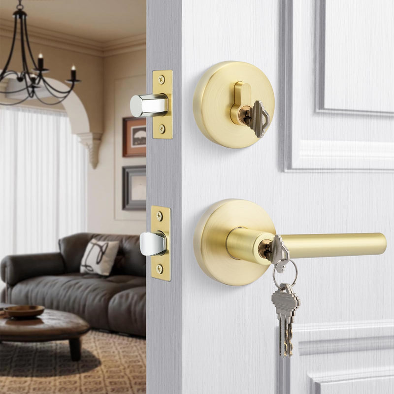 goldenwarm Exterior Deadbolt and Keyed Entry Door Handle Set, Heavy Duty Zinc Alloy Gold Door Lever, Key Entry Front Brushed Gold Door Handle with Lock and Key(1 Pack) 1 Pack Handleset