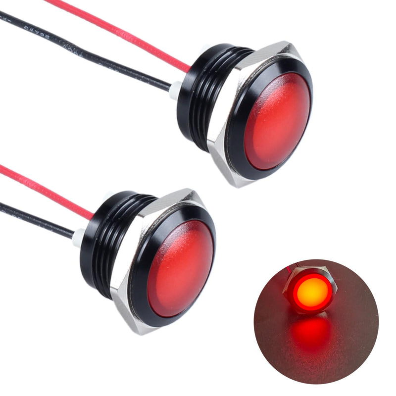 2PCS 16mm Metal Indicator Light, 12-24V AC/DC 20mA Waterproof IP67 Single lamp LED Pilot Lamp Raised Head with Wire for Car Truck Boat(Red LED) Black Anodized Shell Red 12-24V 16mm