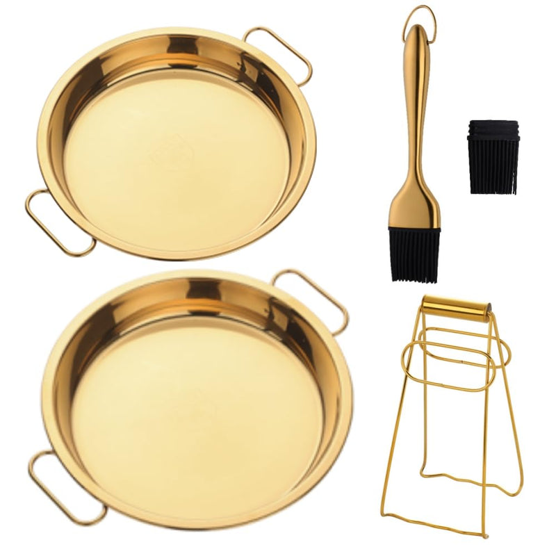Stainless Steel 2pcs Steaming Tray Set, With plate tongs , oil brush tool，Folding handle，Chinese Liangpi Making Tools Set, For Cold Noodle，Steamed Rice，Steamer Pan Round Cake Fruit Tray (Gold) Gold