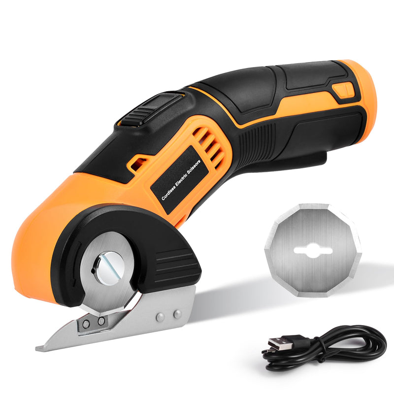 Cordless Electric Scissors, 4 V Rechargeable Rotary Cutter with LED Light, Safety Lock and Portable Storage Case for Cutting Fabric, Cardboard, Leather, Carpet and PVC Boxes，Yellow
