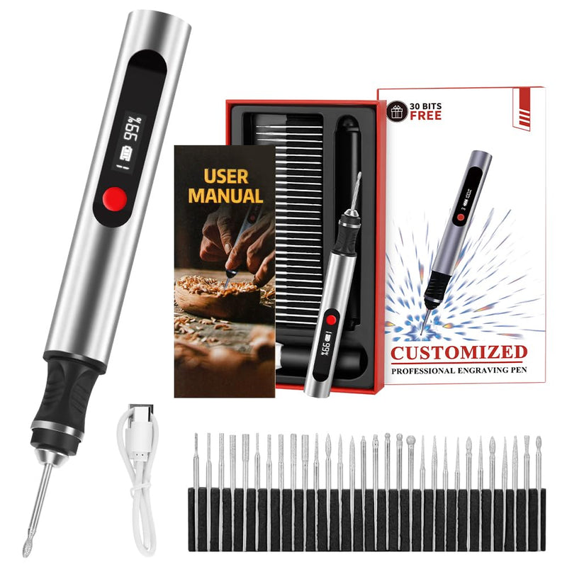 Engraving Pen, Ultimate Cordless Engraving Pen for Artists & DIYers - Engrave 60+ Surfaces - Beginner Friendly- 30 Bits & Mastery Guide (Grey) Grey