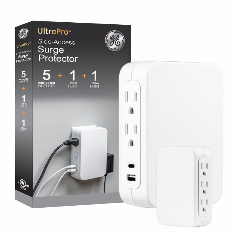 GE-UltraPro 5 Outlet Extender with Side-Access, Wall Tap Surge Protector with 1 USB-A and 1 USBC, 3-Prong, Secure Install, White, 83503 USB-C