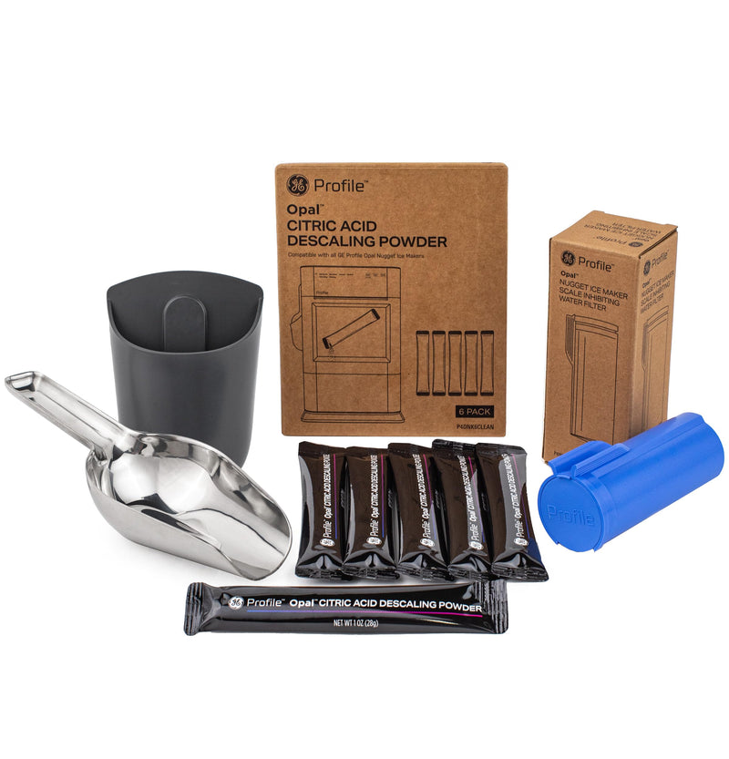 GE Profile Opal Upgrade Kit for Nugget Ice Maker, Includes Stainless Steel Scoop + Magnetic Holder, Scale Inhibiting Filter, Descaling 6 Pack Powder Kit