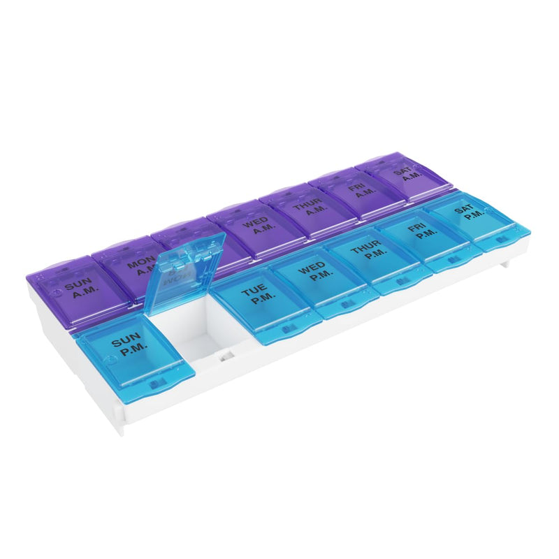 EZY DOSE Pill Organizer Weekly AM/PM (7-Day), Medicine Planner, Vitamin Case/Box, 2X-Large Locking Compartments to Secure Prescription and Prevent Accidental Spilling, Blue and Purple, BPA Free