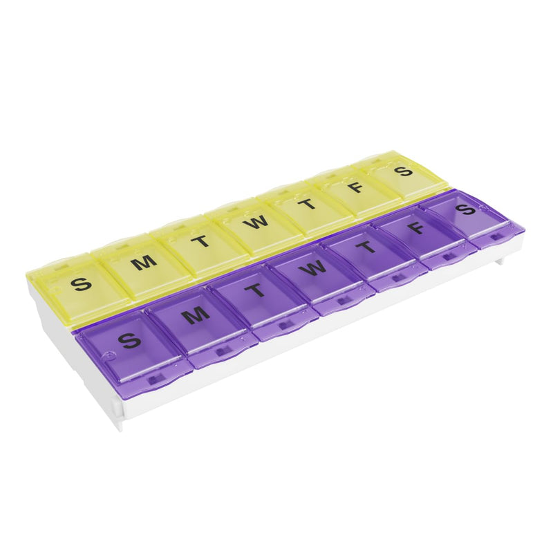 EZY DOSE Pill Organizer Weekly AM/PM (7-Day), Medicine Planner, Vitamin Case/Box, 2X-Large Locking Compartments to Secure Prescription and Prevent Accidental Spilling, Purple and Yellow, BPA Free