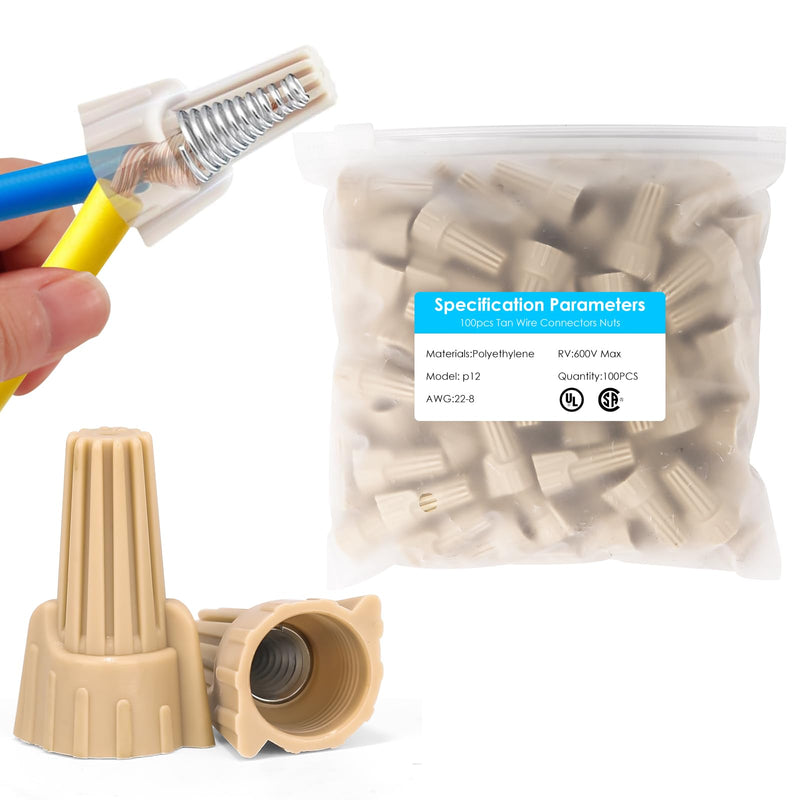 100 PCS Tan Winged Wire Nuts 12 Gauge for AWG 22-8, Easy Twist-on Screw on Ribbed Cap for Quick Connection, Insulated Insertion Electrical Wire Nuts with Metal Spring (100, P12 Tan) 100
