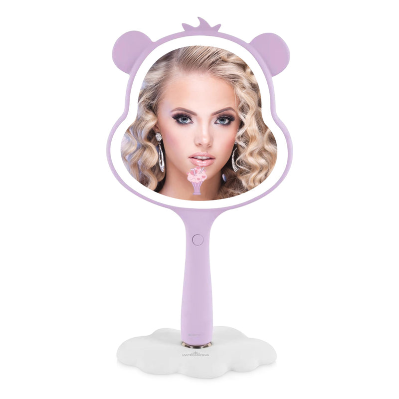 Impressions Vanity Care Bears Share Bear LED Handheld Makeup Mirror for Desk, Lighted Travel Makeup Mirror with Detachable Standing Base, Ultra Bright Adjustable Lighting and Figural Shaped (Purple) Purple