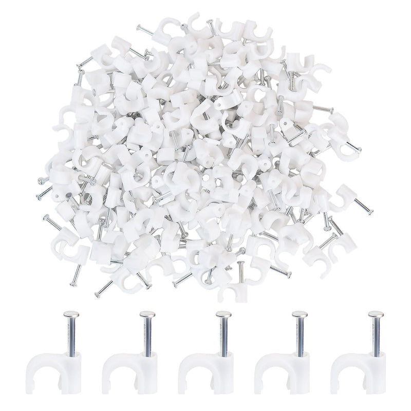 200 Pieces Cable Clips White Wire Nail Clips Ethernet Cable Wire Nails Tacks Clips Cable Management Wire Wall Clips Cord Holder 7mm Nail Cable Clips Round Coaxial Cable Clamps Cords Staples (White)