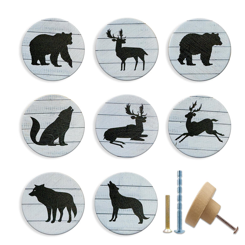 JamJam Set of 8 1.8" Retro Wolf Black Bear Deer Woodland Wildlife Cabinet Pulls Animal Cabinet Handles Dresser Knob for Door Bedroom or Drawer Knobs