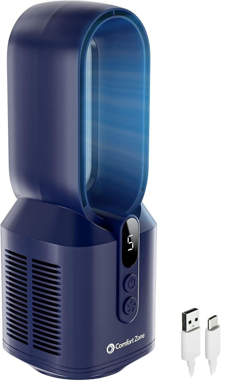 COMFORT ZONE 14-Inch Rechargeable Bladeless Tabletop Fan, Navy