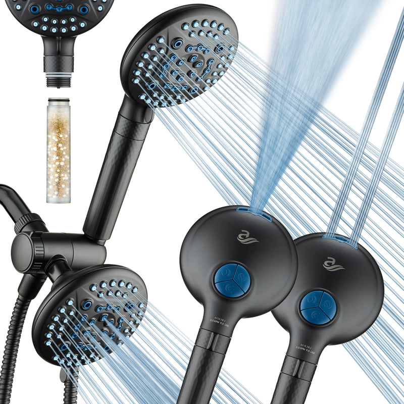 AquaCare High Pressure 6-way Dual Shower Head Combo with Built-in Filter & Power Wash - Clean Tub, Tile & Pets. Remove Chlorine, Lead & Toxins from Water to Protect Skin, Hair, & Nails. Matte Black 2.5 Gallons Per Minute
