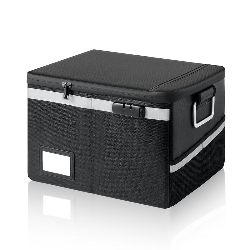 Fireproof Waterproof Document Box with Lock - Collapsible Portable File Organizer Hard Shell Storage for Hanging Letter/Legal Folders Home Office Safe (Black, 15.7x11.2x10.2in) Black