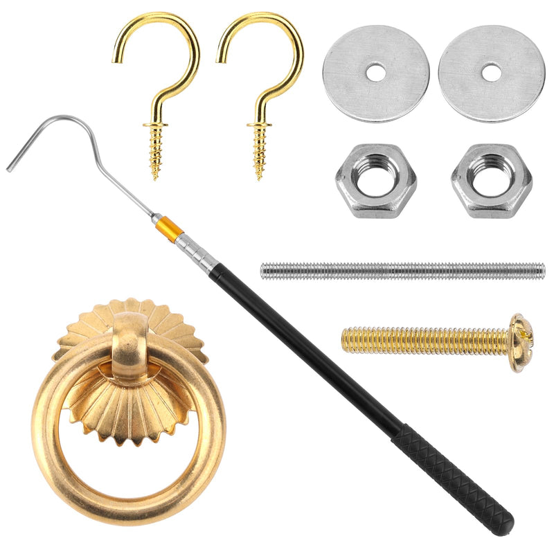 Ladder Pull Down System Kit, Attic Stairs Door Pull Replacement Set with Up to 64in Retractable Tie Rod with Hook M4 Screw Screw Nut Extension Pole and Copper Storage Hook Handle Part Tool Accessories
