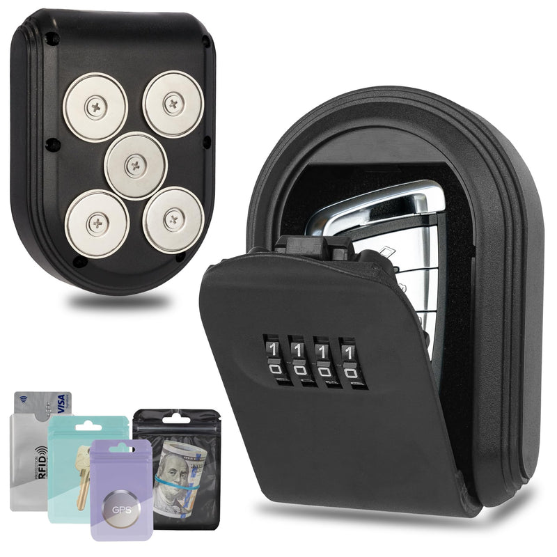 Magnetic Key Box for Under Car, Hide a Key Outside with Combination Lock Box, Resettable Safe Security Code Lockbox with 5 Strong Magnets, Anti-drop Magnetic Holder Under Car, Truck, Outdoor (1,Black) 1,Black