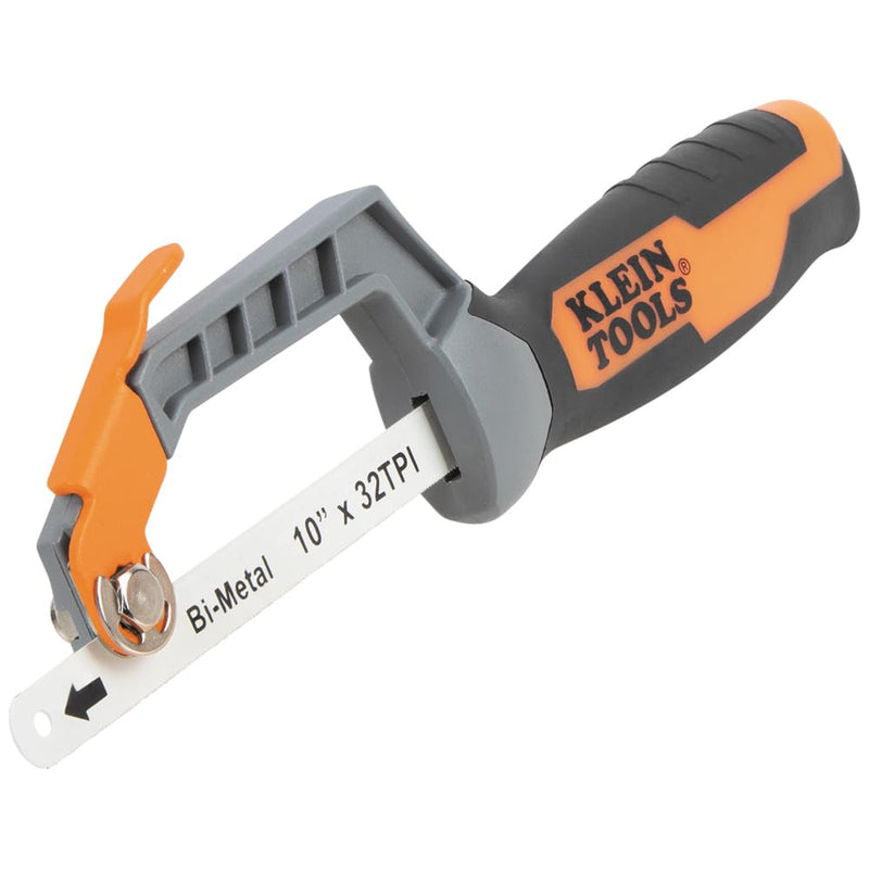 Klein Tools 31432FC Mini Finish-Cut Hacksaw, 10-Inch 32 TPI Bi-Metal Blade Hand Saw, Cuts Plastic, Wood, and Thin-Wall Metal in Tight Spaces