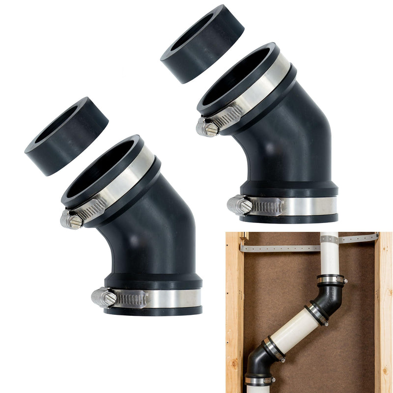 Fernco 2-Pack Qwik Ell 1.5 in. Hub 45-Degree Flexible PVC Elbow Fitting Includes Optional 1.25 in. Reducer Bushing