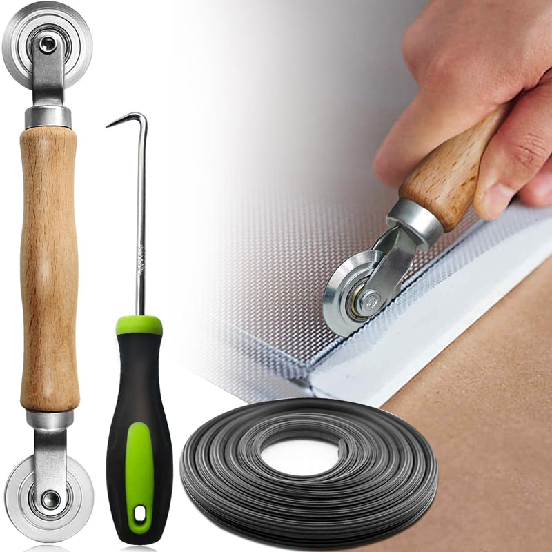 Window Screen Repair Kit, 32ft Screen Spline, Steel Screen Roller Tool, Spline Removal Pick, 3 in 1 Screen Repair Kit for Installing Door and Window Screens Steel Roller+32ft Spline+Pick