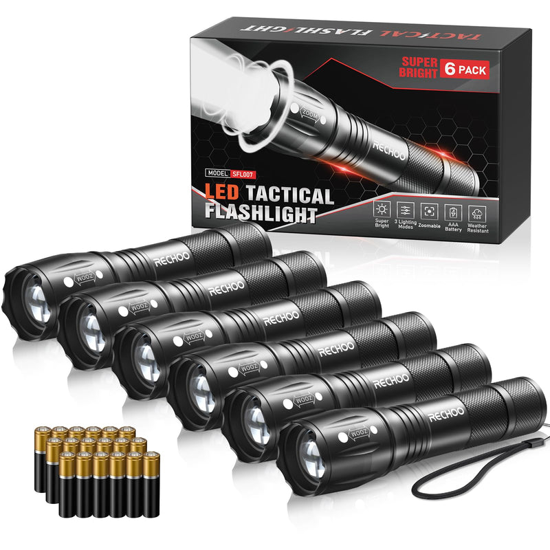 RECHOO 6Pack LED Flashlight, Bright Small Flashlights High Lumens with 3 Modes, Pocket Mini Flashlight Battery Powered, Flash Light Adjustable Focus, Waterproof Flashlights for Home Emergency Camping Black 6 Pack