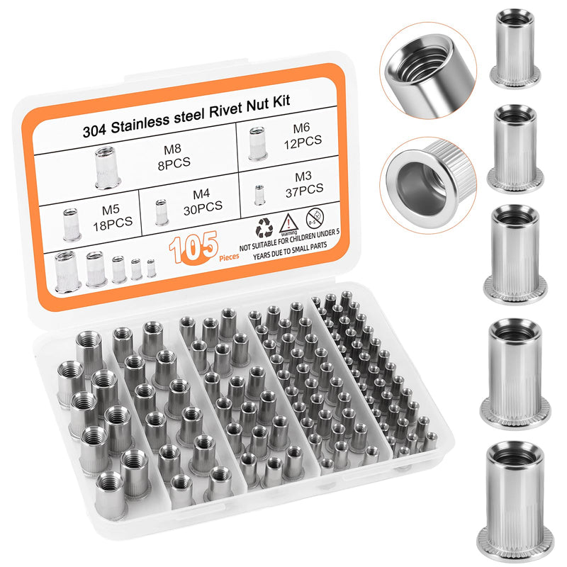 Metric Rivet Nut Assortment Kit, 105Pcs 304 Stainless Steel SAE Rivet Nut, M3 M4 M5 M6 M8 UNC Flat Head Rivnut Set, Threaded Insertion Nut Sets for Automotive, Mechanical and Other Equipment