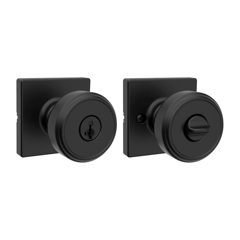 Kwikset Maven Entry Door Knob with Lock and Key, Secure Keyed Handle Exterior, Square Front Entrance and Bedroom, Matte Black, Pick Resistant SmartKey Rekey Security and Microban 1 Pack Keyed Entry