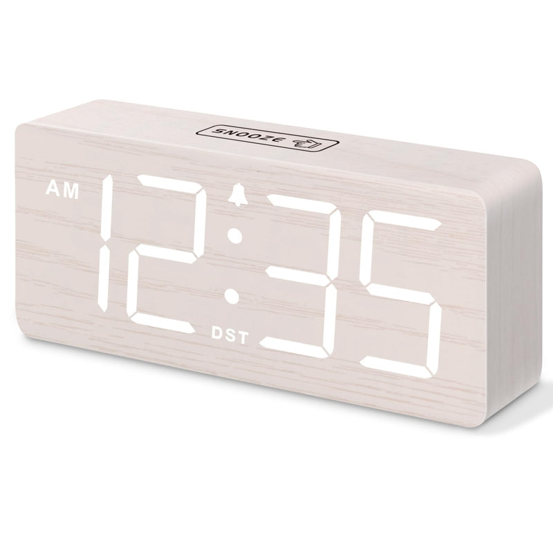 DreamSky Wooden Digital Alarm Clock for Bedroom - Desk Clock for Living Room with Large Numbers, Dimmer, Loud Alarm for Heavy Sleepers with Volume Control, DST, Office Wood Decor (Plug in Clock) White (Plug-in)