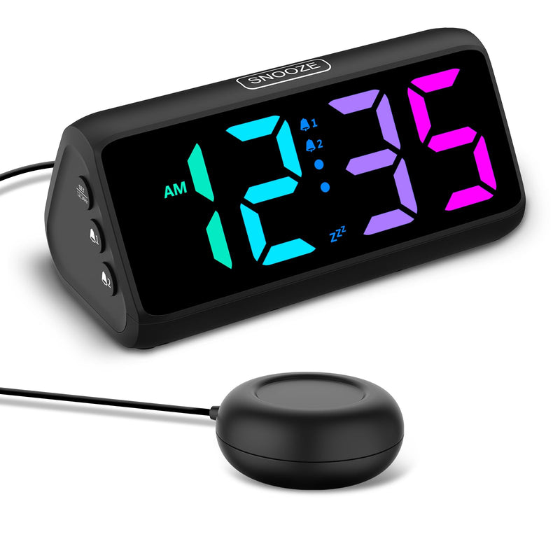 Netzu Loud Alarm Clock for Heavy Sleepers, Plug-in RGB Vibrating Alarm Clocks with Bed Shaker, 5 Dimmers, 2 Alarms and Snooze for Bedrooms Hearing Impaired Deaf Adults (Black) Black