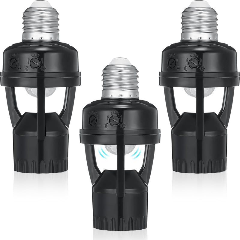 Hortsun 3 Pcs Motion Sensor Light Socket Smart Screw in Light Bulb Outlet Compatible with E26/e27 Automatic on Off Night Light Control for Basement Basement Porch Storage Room, Black