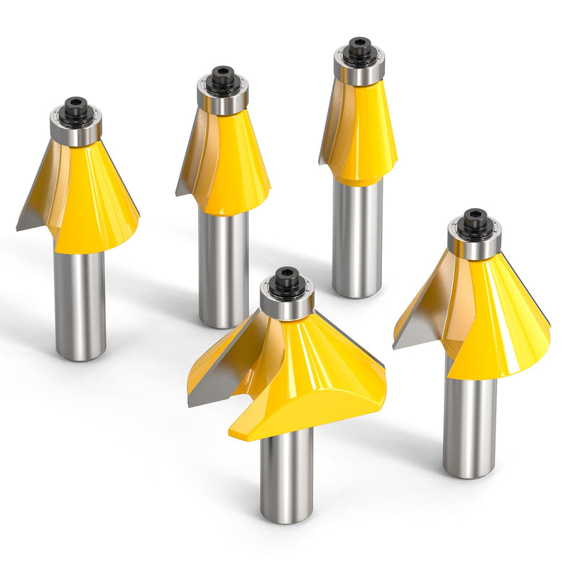 MEANLIN 5PCS Chamfer Router Bit Set 1/2 Inch Shank Dish Carving Router Bits with Top Bearing for Woodworking, 11.25, 15, 22.5, 30, 45 Degree 1/2 in