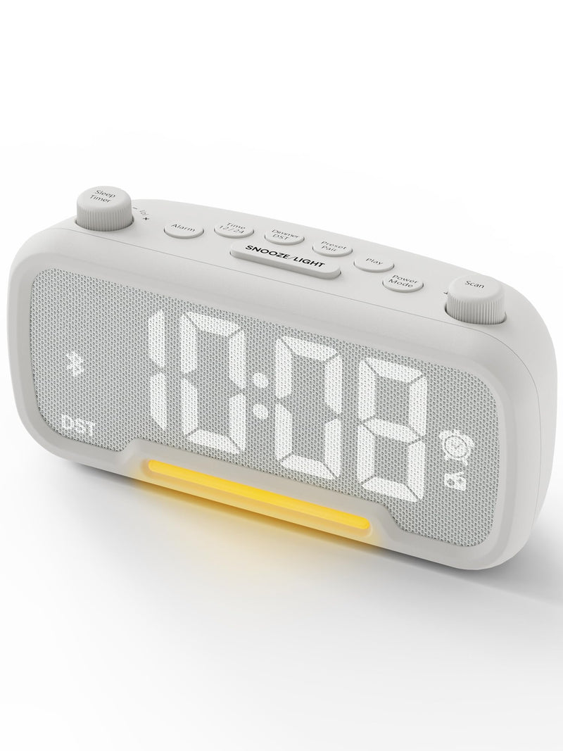 ROCAM Clock Radio, FM Radio Alarm Clock for Bedroom Modern Design, Auto Scan 20 Presets Auto-Off Sleep Timer, Bluetooth Speaker, Night Light, USB Ports, Brightness Dimmer White