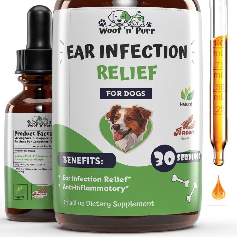 Woof 'n' Purr Dog Ear Infection Treatment - Dog Ear Infection - Ear Infection Treatment for Dogs - Dog Ear Infection Treatment Antibiotic - Dogs Ear Infection Treatment - 1 fl oz - Bacon Flavor - PawsPlanet Australia