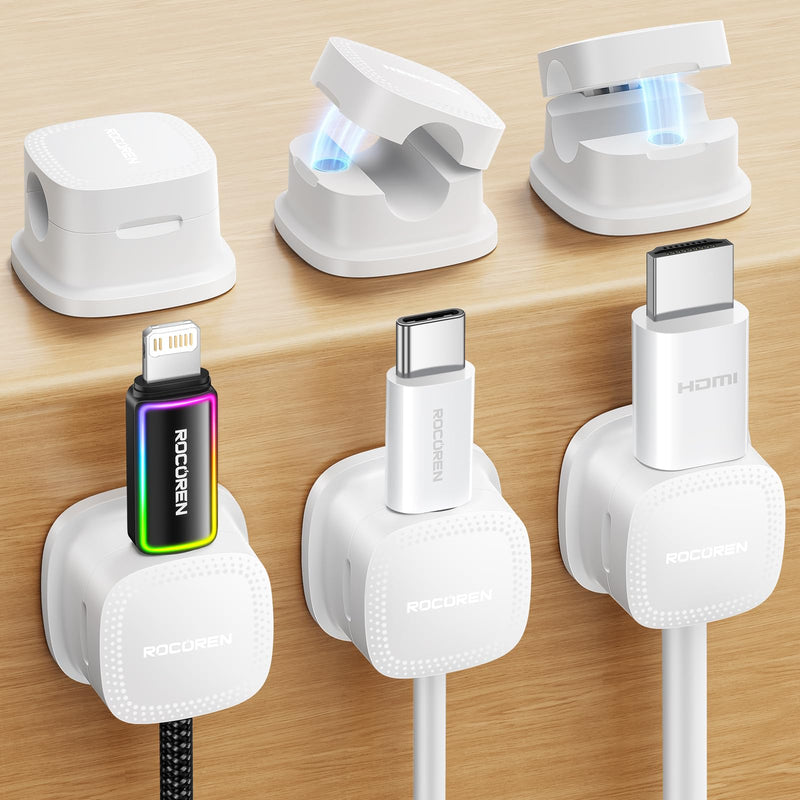 6-Pack Magnetic Cable Clips Cord Organizer-Cable Smooth Adjustable, Rocoren Desk Cable Management Accessories,Cable Holder Clips Wire Holder Keeper for Desktop,Nightstand,Wall,Home Office,Phone,Car 6white 6Pack