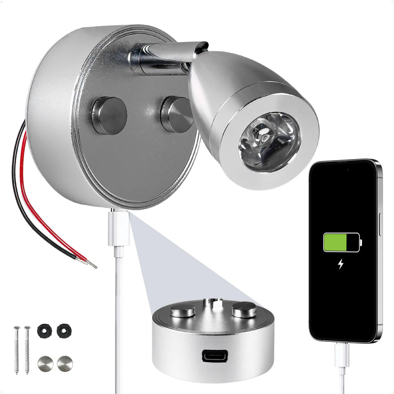 Five Oceans LED Reading Light with Touch Dimmer on Base/Housing/Swivel, USB-C Port, Warm White 200LM, Silver Housing, 10-28V, RV Interior Lights for Boats, RVs, Trailers - Wall Mount - FO4842