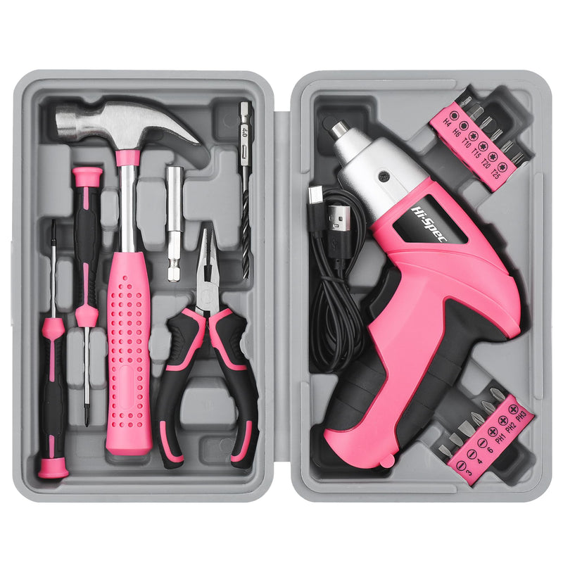 Hi-Spec 3.6V Cordless Electric Screwdriver and Tool Kit for DIY, Pink Light Pink
