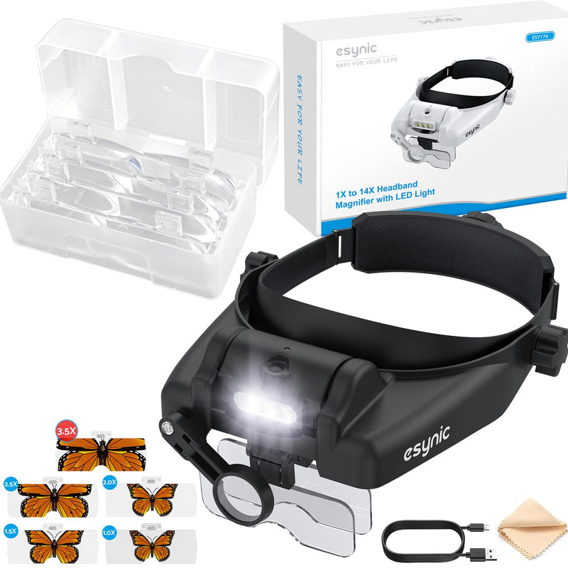 eSynic Type-C Rechargeable Magnifying Glasses Headset-Up to 14X Magnification-5 Interchangeable Lens-3 LED Lights -2 Adjustable Brightness Levels-Comfort & Fit Headband Magnifier for Crafts/Reading